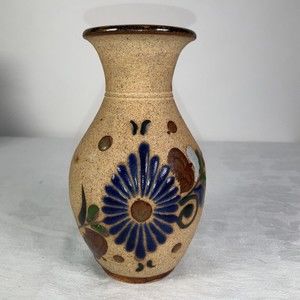 Hand painted Tonala Floral Pottery Clay Blue Flower 5” x 2.5”